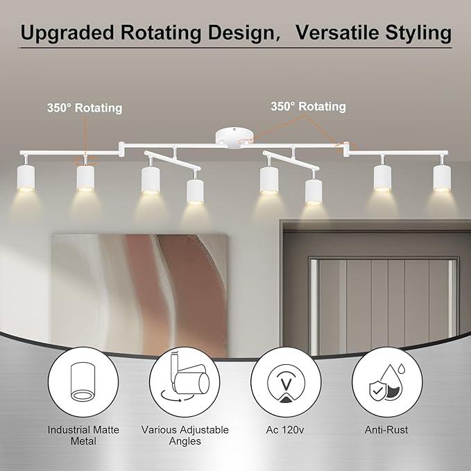 8 Light Track Lighting Fixtures Ceiling, Matte White Kichen Track Lighting Fixtures, Rotatable Light Heads, Adjustable Modern LED Track Lights for Kitchen/Hallway, No GU10 Bulb