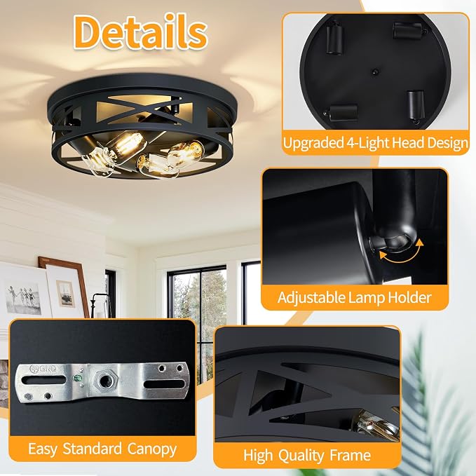 ZHU YAN Flush Mount Light Fixture,4-Light Ceiling Light Fixture for Hallway, Kitchen, Entryway - Black, E26 Base (1 Pack)