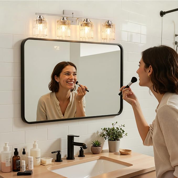 TALOYA Nickel 4Light Bathroom Vanity Light with Fluted Cylinder Glass Shade | Modern Vanity Lighting Fixtures, Bathroom Lights Over Mirror, Wall Mount Mirror Light Fixtures for Bathroom Hallway Bedroom