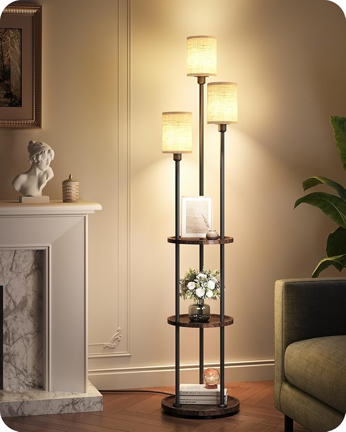Floor Lamp with Shelves, 3-Light Floor Lamps for Living Room, Modern Standing Lamp with Linen Shades and Foot Switch, 66.1'' Tall Corner Lamp for Bedroom, Office, E26 Base, Walnut and Beige