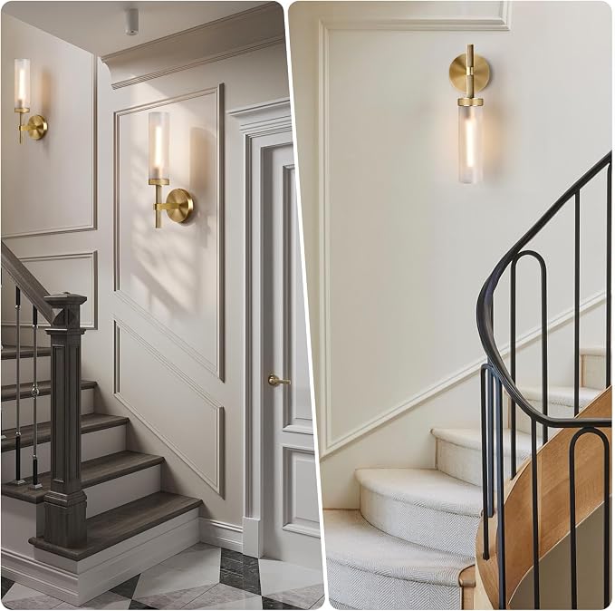 15" Knurled Brass Bathroom Wall Sconces,Frosted Glass Tube Brass Sconces Wall Lighting,Handmade Modern Hardwired Wall Sconce for Vanity,Mirror,Bedroom,Living Room,Hallway