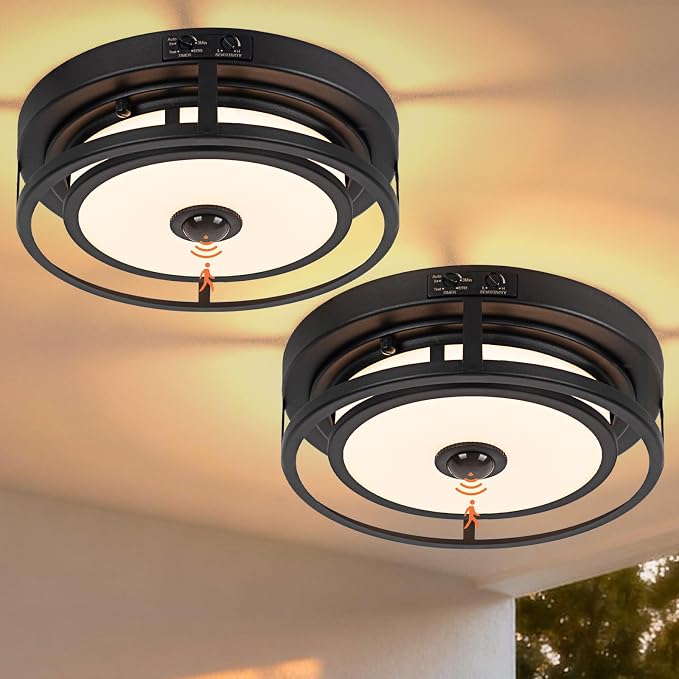 12 Inch LED Motion Sensor Outdoor Ceiling Light Black 2 Pack | Flush Mount Outdoor Ceiling Lights 3CCT 3000K/4000K/5000K Dusk to Dawn Anti-Bug Waterproof for Porch Garage Entryway