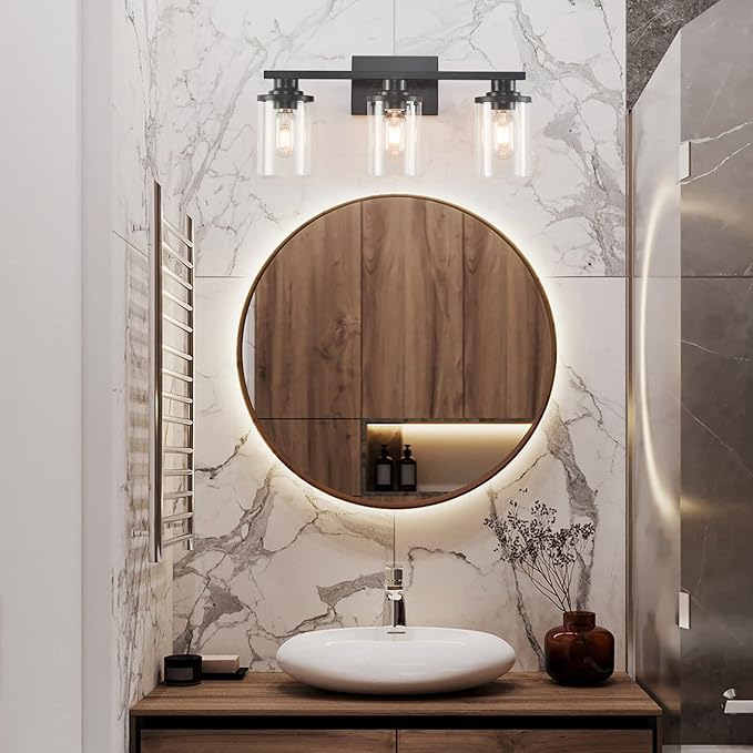 stambord 3 Light Black Bathroom Vanity Light Fixtures with Clear Glass Shade, Modern Wall Sconces Lighting for Bathroom Over Mirror