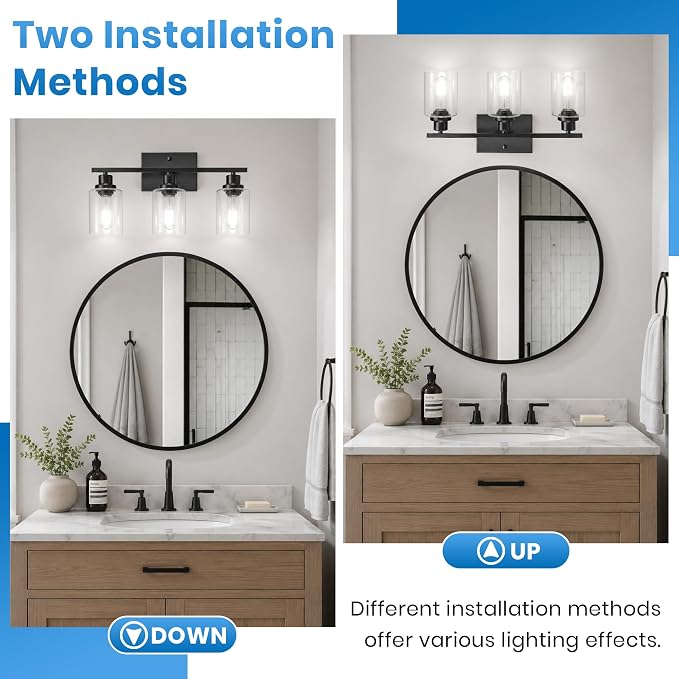 Ascher 3 Light Bathroom Light Fixture, Matte Black Bathroom Lighting Fixtures Over Mirror, Vanity Light with Clear Glass Shade, Wall Sconce for Living Room Bedroom Cabinet, E26 Base