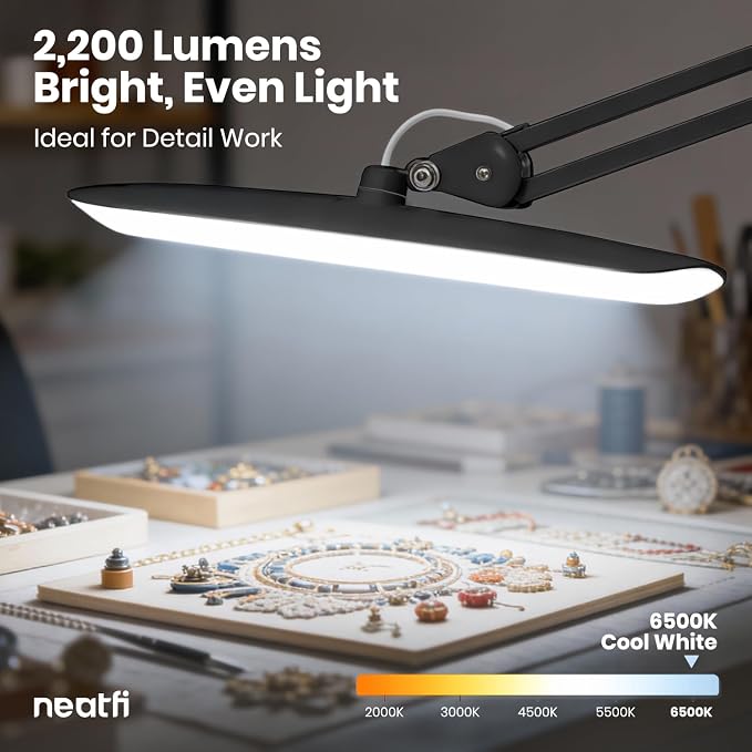 Neatfi XL 2200 Lumens 24W LED Desk Lamp – Shadow-Free Task Lighting | 4-Level Dimming | Home Office & Crafts Use | 20-Inch Wide Head (Space Gray, Non-CCT with Clamp)