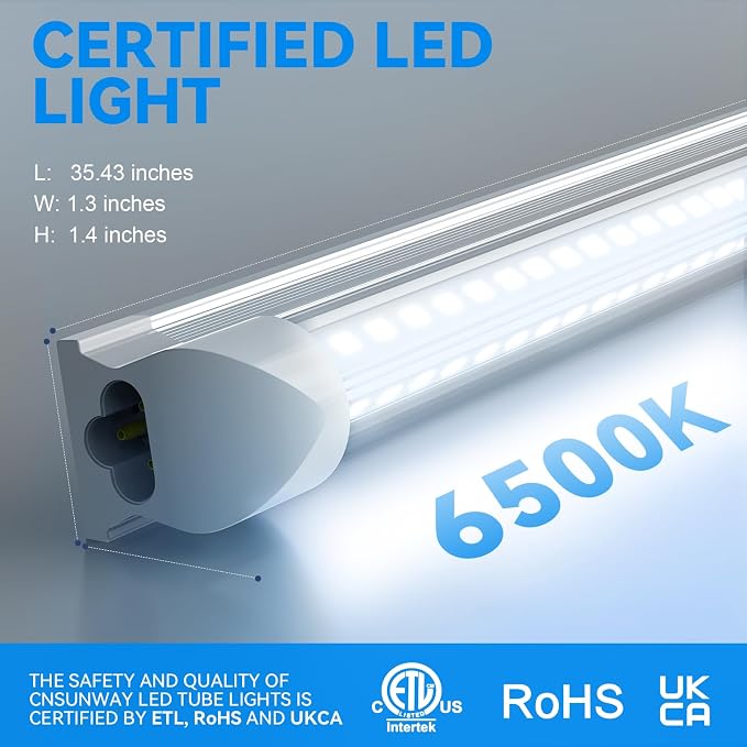 CNSUNWAY LED Shop Light 3FT, 34W 4760LM 6500K, V-Shape T8 LED Tube Lights | Ceiling Shop Lights, Linkable Under Counter Light for Kitchen, Garage, Workbench, Basement, Plug and Play, ETL Listed, 2-Pack
