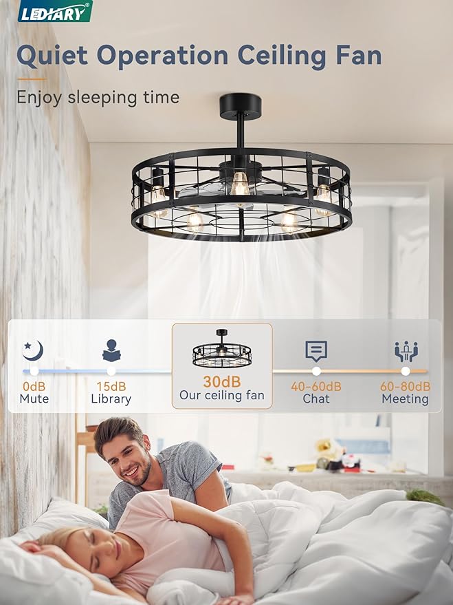 LEDIARY 30 inch Fandelier Caged Ceiling Fan with Light and Remote, Black | 6 Speed Adjustable,Timing, Quiet & Powerful DC, Large, Farmhouse, Industrial, Enclosed, Bladeless, Bedroom, Kitchen, Downrod