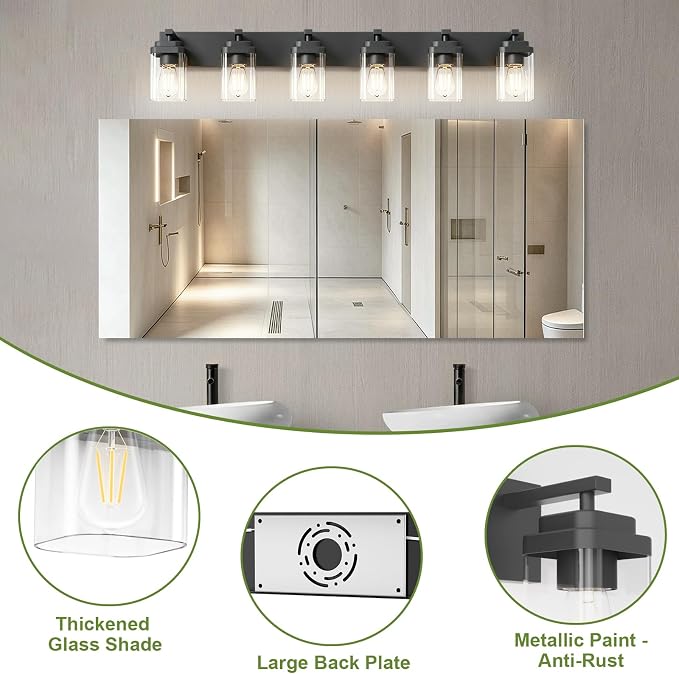 Black Bathroom Light Fixtures, 6 Lights Bathroom Lighting Fixtures Over Mirror, Square Design & Rectangle Large Backplate, Modern Vanity Lighting Fixtures, for Bathroom/Living Room/Bedroom