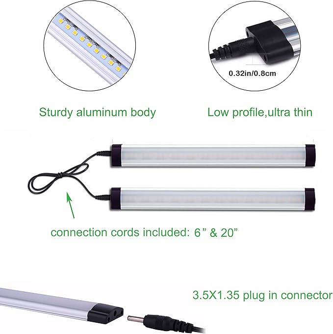 AIBOO LED Under Counter Light Rigid Bar Kit, Plug in Corded 12V LED Under Cabinet Lighting Dimmable with Switch for Counter Shelf Showcase Display Lighting (6 Panels,Daylight White) (Pack of 2)