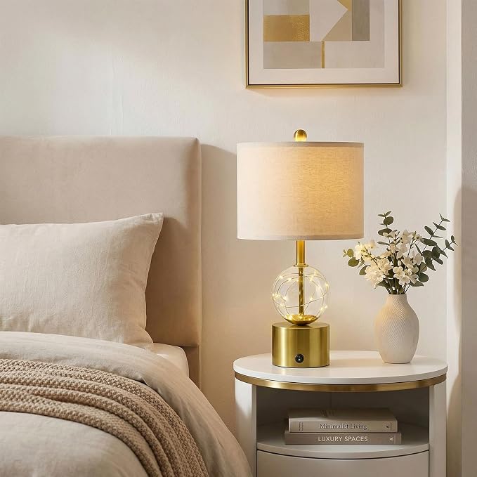 20.5" Small Bedside Table Lamps for Bedroom Nightstands, Gold Glass Modern Table Lamps Set of 2 with USB A+C Charging Port, Night Light, Luxury Lamps for Living Room End Table(Bulbs Included)