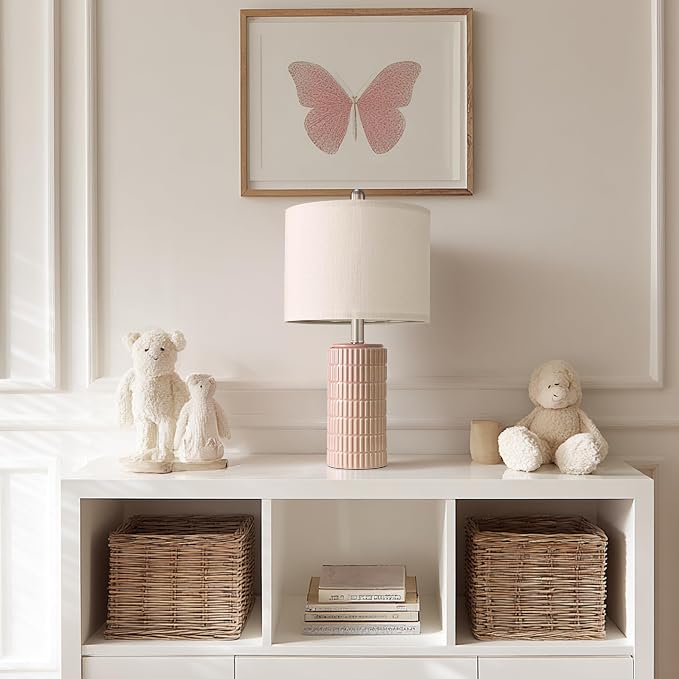 PoKat 21'' Pink Ceramic Table Lamp with Gift Box, Modern, Small for Bedroom | Nightstands lamps for bedside, farmhouse home decor for girls room, ideal housewarming birthday gift for kids women teen