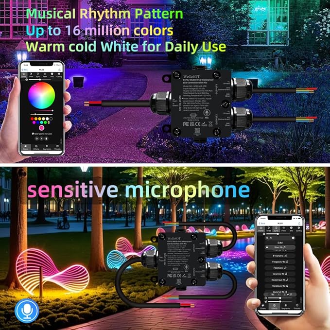 Waterproof ESP32 WLED Controller with Mic , Project for Pool Boat Landscape Outdoor Lights IP65 Dynamic RGB IC DIY Lighting WiFi APP Control for WS2812B DC5-24V RGBW LED Controller (2 Channel)