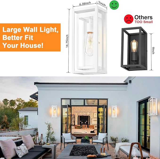15" Outdoor Wall Lights, White Exterior Lighting Fixtures, 2 Pack | Large Size, Anti-Rust, Waterproof, Tempered Glass, Easy Installation, Modern & Classic Outdoor Sconces for House Porch Garage