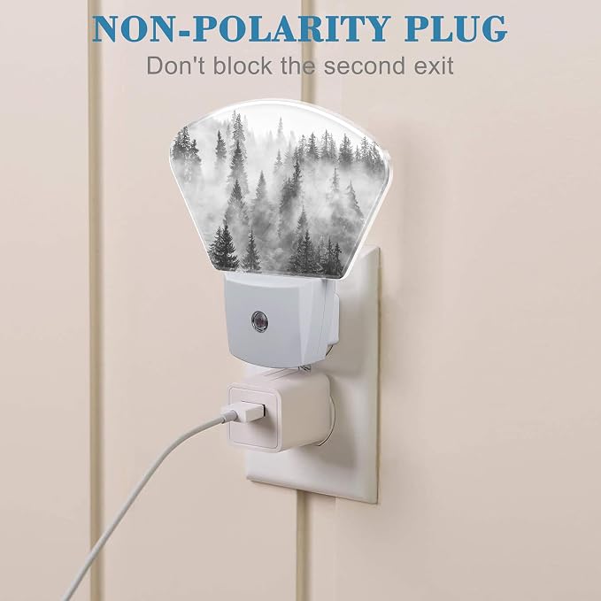 Black White Fog Forest Plug in Night Lights, Misty Forest Nightlight Plug Into Wall Dusk to Dawn Sensor for Kid Girls Boys Women Men Bedroom, Hallway, Kitchen, Bathroom, Stairs Decor
