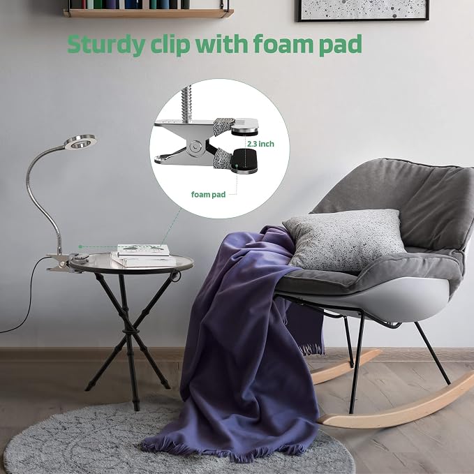 Glorious-LITE Clip on Light 36 LED Eye Caring Reading Light for Bed Silver | 360° Flexible Gooseneck, With 4 Color Modes, Dimmable Book Light for Bed, Desk, Headboard, USB Powered, With 59inch USB Wires