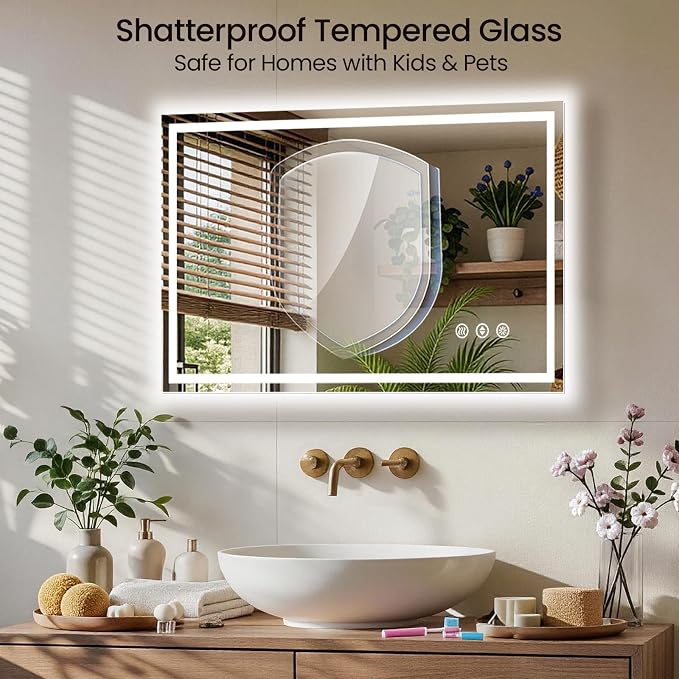 40x36 LED Bathroom Mirror with Anti-Fog, Backlit & Front Lit, Memory | Stepless Dimmable 3 Color CRI 95+ Shatterproof Tempered Glass ETL Listed for Safety Lighted Bathroom Vanity Mirror for Wall