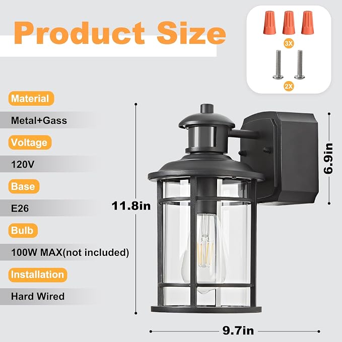 Patio Wall Light Fixture with Dual GFCI Outlets, Outdoor Light with Outlet, Motion Sensor Dusk-to-Dawn, Vintage Industrial Black Lantern, for Porch Patio Garage (2 Pack)