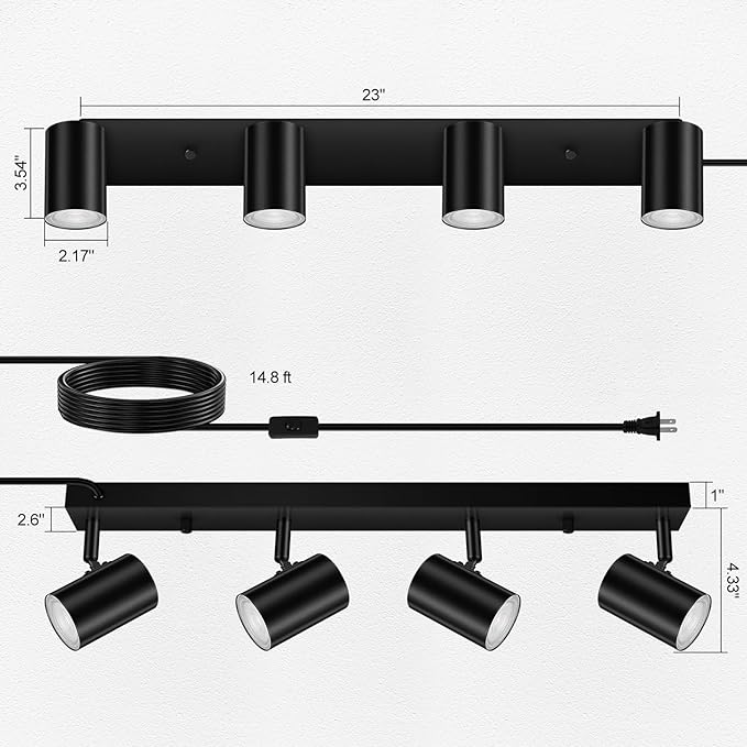 4 Light Track Lighting Kit,Black 4 Way LED Plug in Ceiling Spotlight,Industrial GU10 Wall Light for Kitchen Cabinet Gallery Bar Hallway Living Room,Rocker Switch,15 Foot Cord(No Bulb)