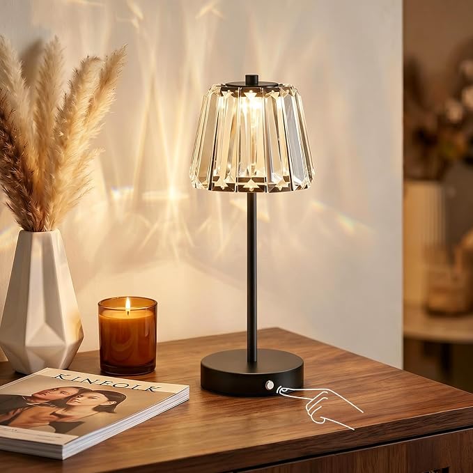 13" Small Crystal Cordless Table Lamp, Touch Rechargeable Desk Lamps | 3 Color Temps, Stepless Dimming, Black Portable Battery Operated LED Desk Lamps for Bedside, Nightstand, Kitchen, Patio, Gift