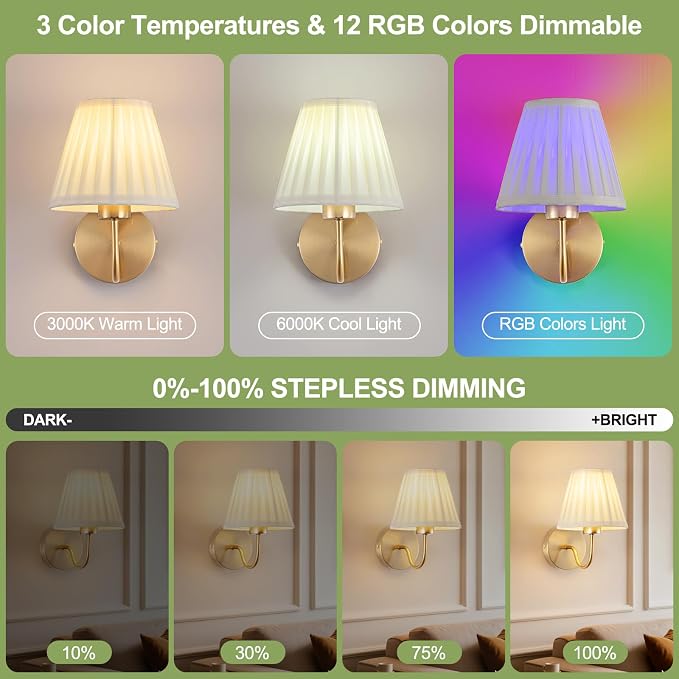 Vintage Battery Operated Wall Sconces Set of 2, Pleated Fabric Shade Gold Wall Lamp with Remote Control, Cordless Rechargeable Wall Sconces Fixtures for Bedroom, Living Room, Beside (2 Bulbs Included)
