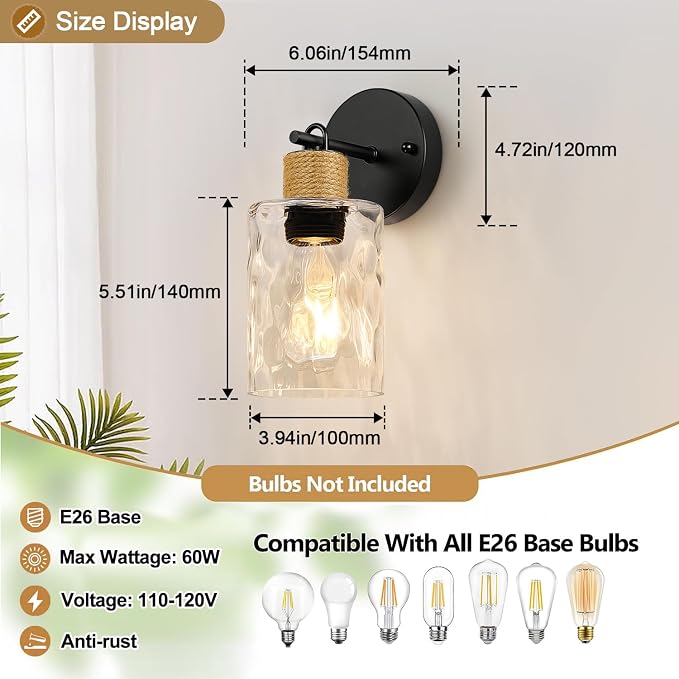 MOKATNG Set of 2 Wall Sconces for Bathroom, Coastal Modern Vanity Lights with Crystal Glass Shade, Black Bathroom Wall Lamp for Mirror Kitchen Living Room Hallway Cabinet Porch