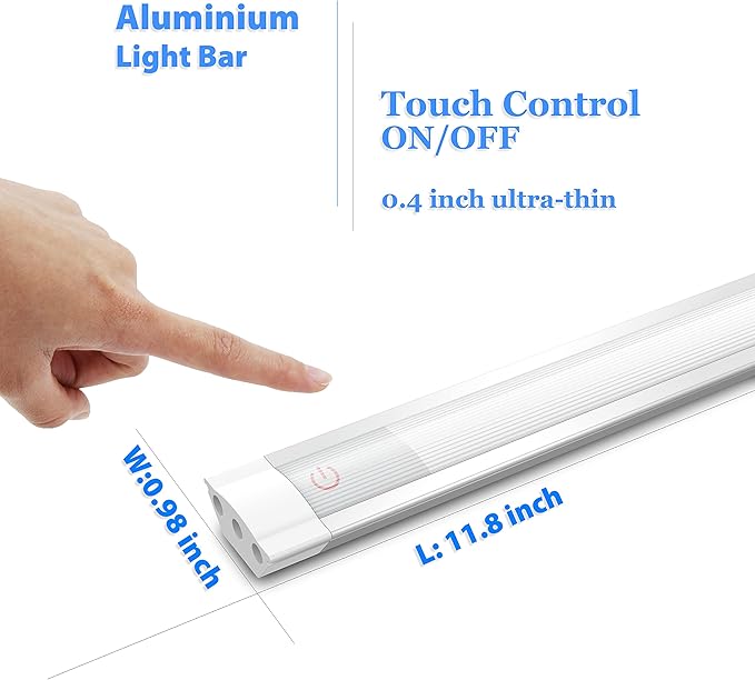 MYPLUS Under Cabinet Lights, 12" Touch Activated and Dimmable Aluminum LED Bar for Kitchen, Workbench and Desk, Warm White 3000K, Plug-in, Sliver