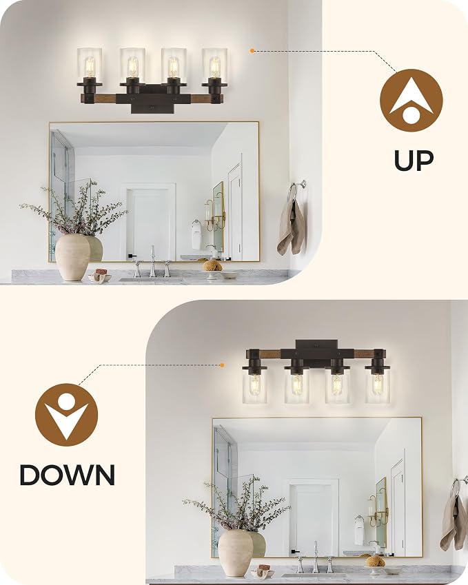 4-Light Bathroom Light Fixture, Farmhouse Vanity Lights for Bathroom with Glass Shade, Rustic Bathroom Light Fixtures, E26 Base F09BD05