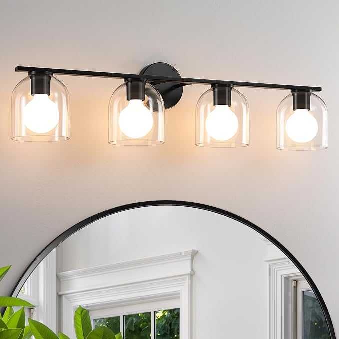 WOSHITU Bathroom Vanity Light Fixtures: 32.3 Inch Modern Matte Black Bathroom Lighting Fixtures Over Mirror with Clear Glass Shade 4 Light Vanity Lighting Fixtures Farmhouse Vanity Lights