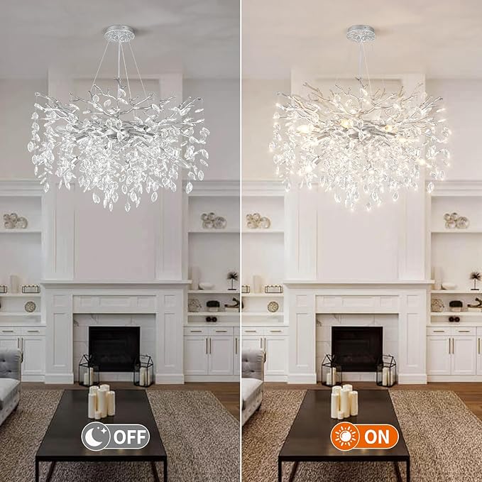 EGM 32-Inch Silver Tree Branch Chandelier for Living Room, Modern Crystal Chandelier for Bedroom, 10-Light Silver Crystal Chandeliers for Dining Room, Raindrop Leaf Chandeliers for Home Décor, E12