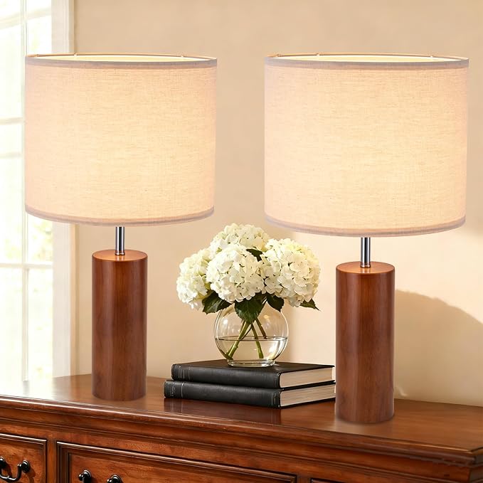 lapupu 23.5" Wood Table Lamps Set of 2 for Living Room, Vintage Farmhouse Bedside Lamps for Bedroom, Large Round Desk Lamps for End Table Nightstand, Walnut Wood