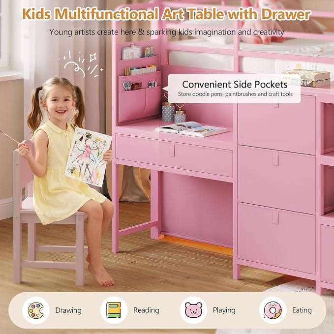 DICTAC Low Loft Bed with Desk and 6 Storage Drawers Twin Loft Bed with Bookshelf,LED Lights & Under-Bed Play Space,Twin Beds for Girls with 13.8''H Safety Guardrail,Inclined Ladder & Play Curtain,Pink
