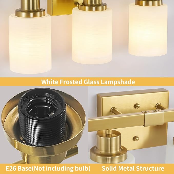 4-Light Gold Vanity Light, Modern Gold Bathroom Light Fixtures Over Mirror with Milky White Glass Shade, Bath Wall Mount Lights Wall Lamp for Mirror Bedroom, Living Room Hallway Kitchen