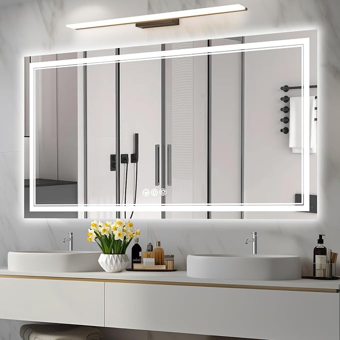Ratsamee 55x30 Inch Led Mirror for Bathroom with Front Light and Backlit, Bathroom Mirror with Led Lights, Vanity Mirror with Lights for Wall, Anti-Fog, Dimmable, Memory Function, Tempered Glass