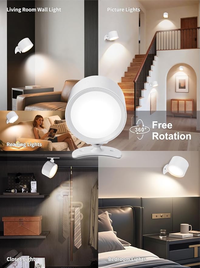 LANMEL LED Wall Mounted Lights,360° Rotating Rechargeable Wall Sconce Lamp | White,3CCT,Dimmable,with Remote & Touch Control,USB Wireless Wall Lamp, Suitable for Study,Bedroom,and Bedside Reading
