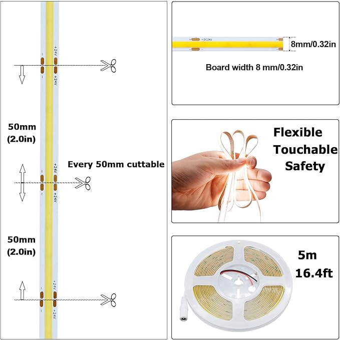 DC 24V COB LED Strip Light Natural White 4000K 2400LEDs 16.4ft(5M) CRI 93+ 4500lm Uniform Glow Flexible IP20 Not Waterproof LED Tape Lights for DIY Bedroom Kitchen Home Decor(No Power Supply)