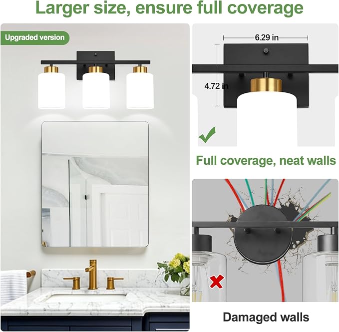 Black and Gold Bathroom Vanity Light Fixtures, 3-Light Modern Bathroom Wall Light with Frosted White Glass Shades, Vanity Light Over Mirror, E26 Base, Bathroom Lighting for Mirror (Bulbs Not Included)