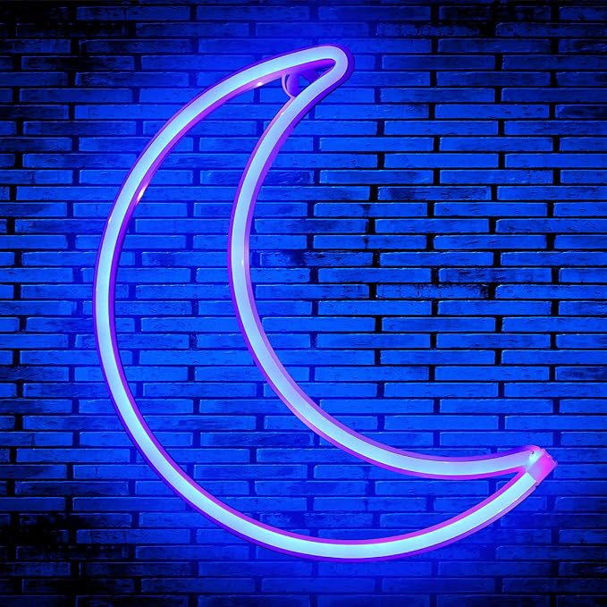 LED Blue Moon Neon Sign Light, Battery or USB Powered 5V Cute Room Decor | Art Decorative Night Lights Decorations for Girls, Window, Wall, Home, Bedroom, Office, Dorm, Party, Wedding, Birthday