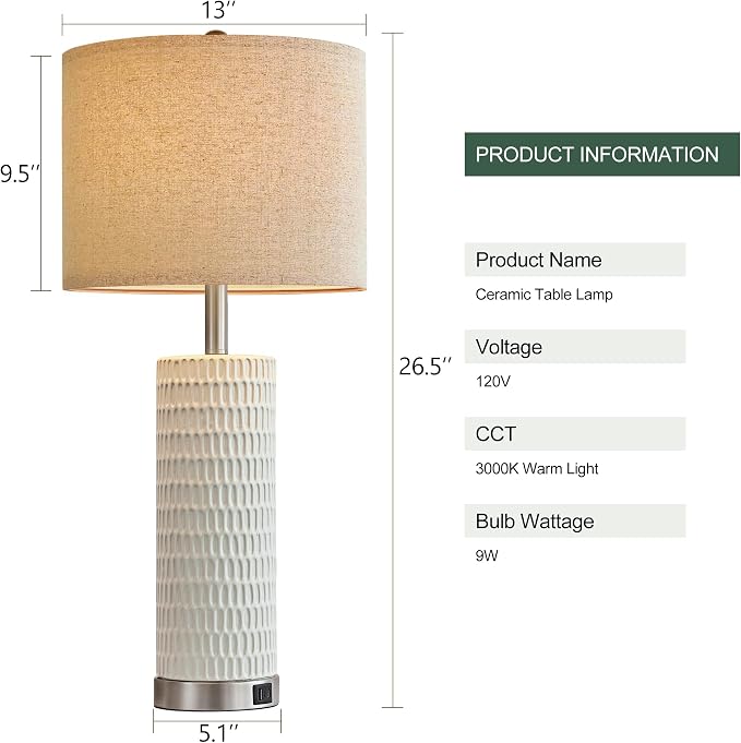 Reaketon 26.5" White Lamps for Bedroom Set of 2, Modern Table Lamps for Living Room with USB C+A Ports, Touch Lamps for Nightstand, Oatmeal Shade