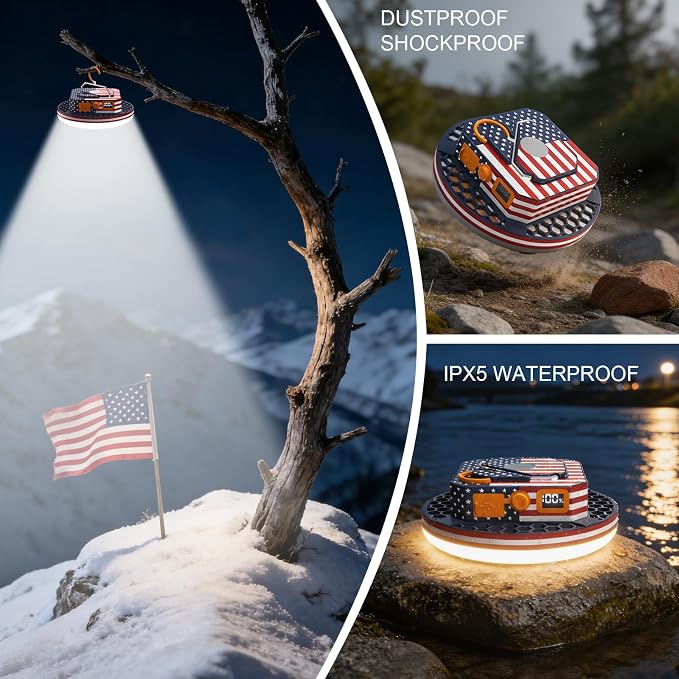 10000mAh Rechargeable Camping Light with Remote , US Flag Print American Flag Light for Outdoor Camping Hiking Emergency Power Failure (30W(US Flag Style))