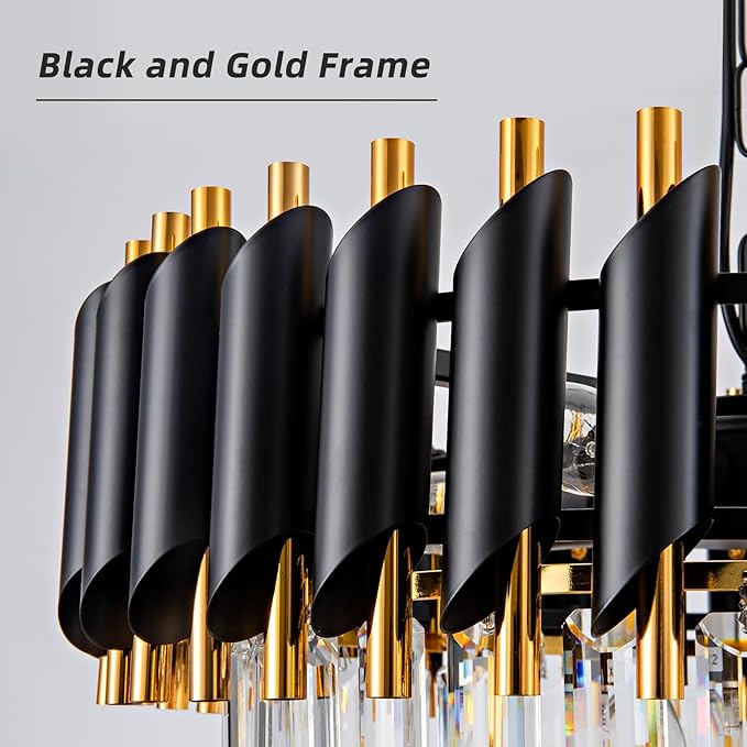 Large Crystal Chandelier 24Inch Dining Room Light Fixtures 5 Tiers Flush Mount Smoke Grey and Gold Chandelier 10 Lights Round Large Chandeliers for Dining Room