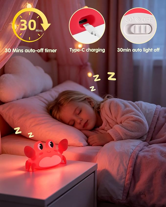 YISUN Crab Night Light for Kids, Silicone LED Dimmable Nursery Nightlight | Rechargeable Bedside Touch Light, Novelty Animal Lamp for Boys Girls Toddlers