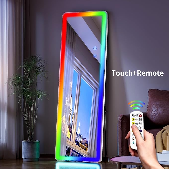 Koonmi LED Full Length Mirror, 63"x20" Full Length Lighted Mirror with Remote Control, RGB Color Changing Lights, 7 Dynamic Modes, Dimmable Brightness