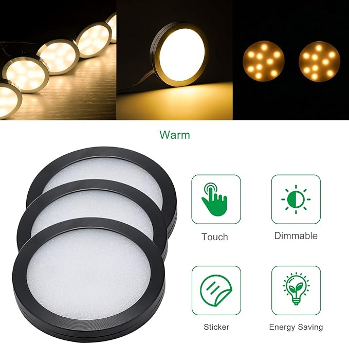 AIBOO Under Cabinet LED Black Cover Puck Lighting Kit with Touch Dimmer Switch for Kitchen Cupboard Closet Lighting (3 Lights,Warm White)