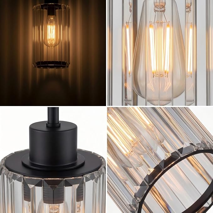 Modern Clear Fluted Glass Pendant Light 1 Pack - Thick Ribbed Glass with Soft Glow, Adjustable E26 Hanging Lamp for Kitchen Island & Dining Room