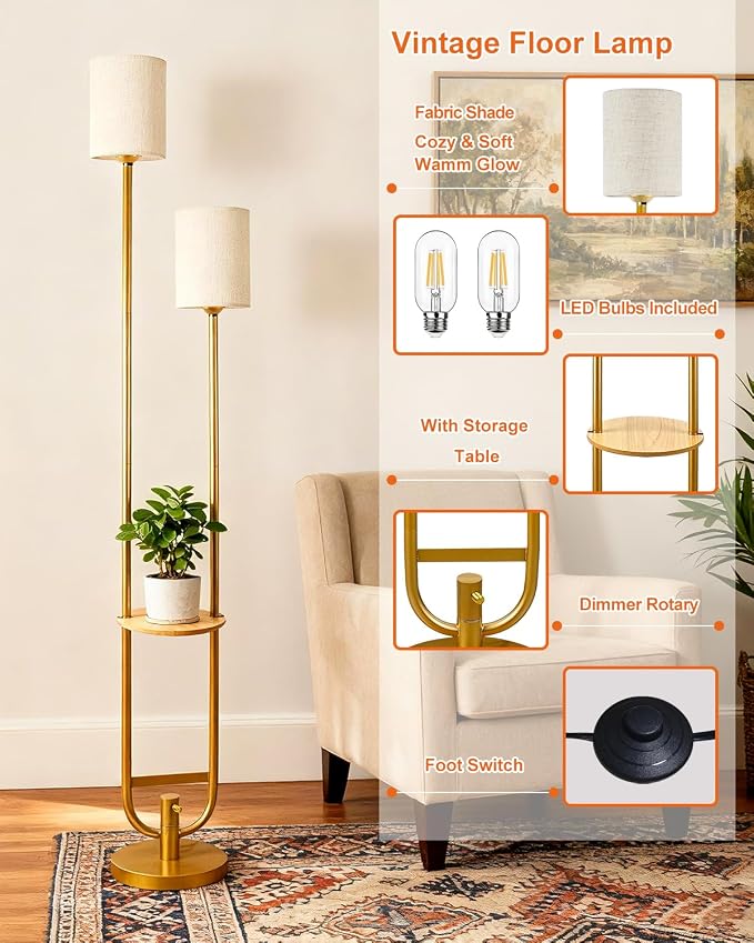 Lightdot 63Inch Floor Lamp Dimmable Gold Floor Lamp with 5Lbs Heavy Base for Living Room 2-Light Mid Century Modern Tall Standing Lamp with Table for Bedroom/Sofa Beside/Corner Decor(Bulbs Included)