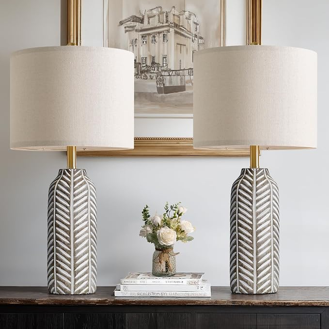 BOBOMOMO 26" Retro Farmhouse Lamps Set of 2 - Vintage Leaf Design, Living Room Lamps with Linen Shades, Rustic Resin Lamp for Bedroom, Living Room, Nightstand, Entryway, Nursery, Wood Grain