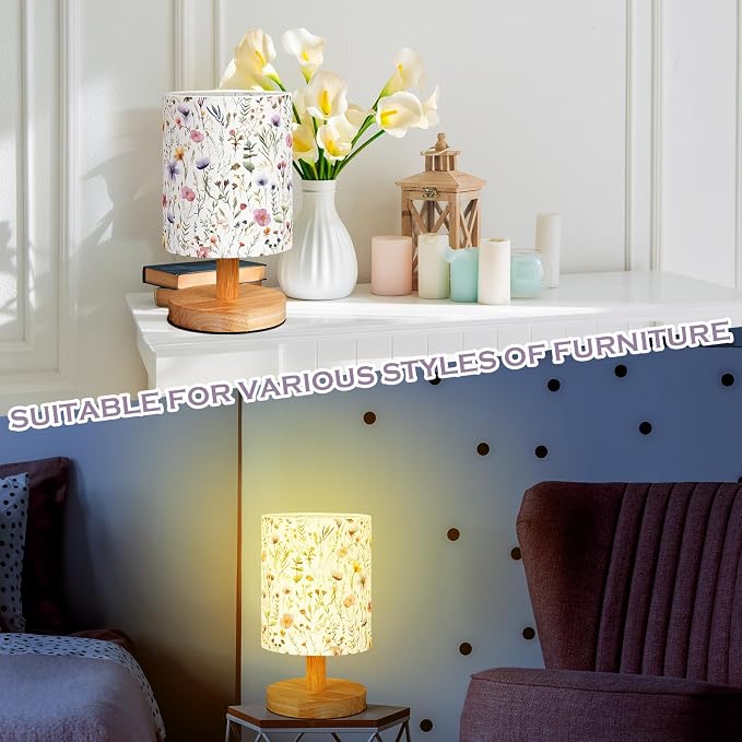 Wildflower Kids Table Lamp for Bedroom Kids Bedside Lamp with Linen Wooden Nightstand Cartoon Nursery Lampshade for Girls Boys Living Room