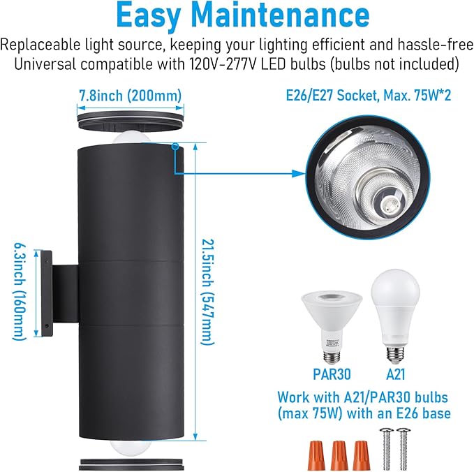 LEONLITE Modern Outdoor Cylinder Wall Lights 22", Porch Light in 2 Lights, Up Down Lights, Matte Black Waterproof Wall Sconce, Aluminum, E26 Base, Exterior Light Fixture Wall Mount, ETL, Pack of 2
