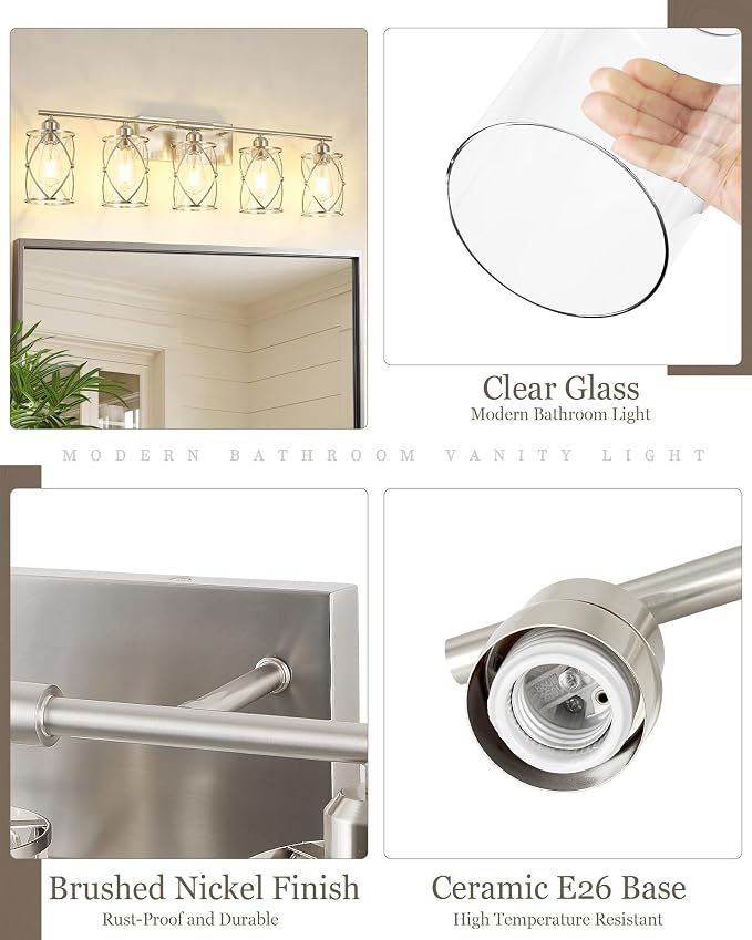 5-Light Brushed Nickel Bathroom Light Fixtures Over Mirror, 38" UL-Listed Modern Wall Sconce Lights with Clear Glass and Metal Cage for Bath, Hardwire E26, CH9176BN-5W