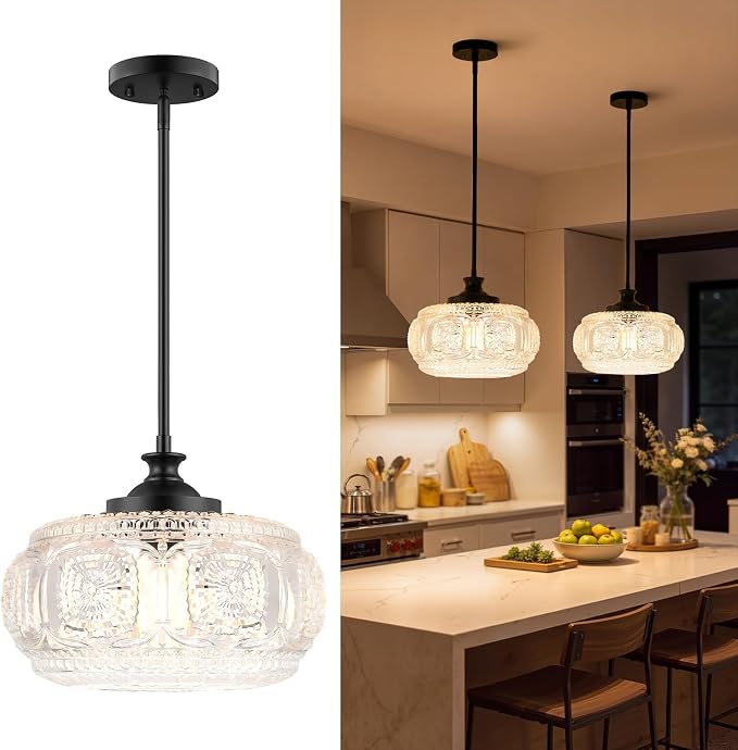 Semi Flush Mount Ceiling Light, Pendant Lights Kitchen Island | 12" Large Glass Shade, Modern Pendant Light Adjustable Hanging Light for Kitchen Island Dining Room Bedroom Hallway Bathroom